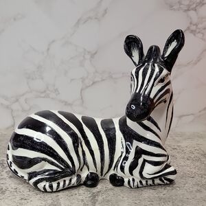 Porcelain Sculpture of a Recumbent Zebra Vintage Handpainted